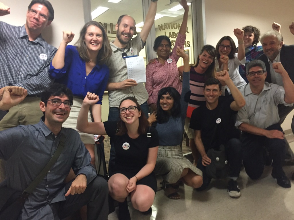 Law360 employees celebrate on Aug. 24 after overwhelmingly voting for Guild representation in a National Labor Relations Board election.